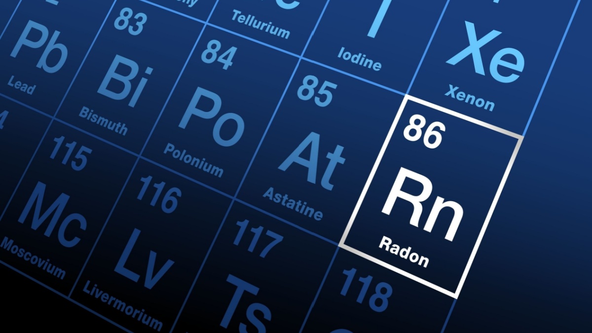 Radon on periodic table of elements. Radioactive noble gas, symbol Rn, atomic number 86. Decay product of radium, occurs naturally in small quantities as intermediate step in radioactive decay chains.