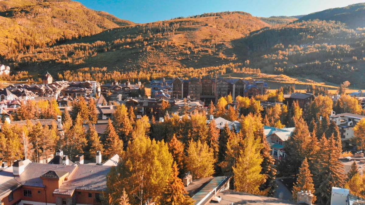 Vail, Colorado. Amazing aerial view of cityscape at summer sunset, USA