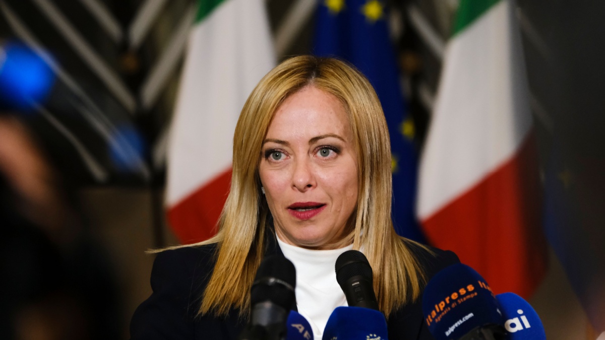 Newly appointed Italian Prime Minister Giorgia Meloni speaks to the press following a meeting at the European Council headquarters in Brussels, Belgium on November 3, 2022.