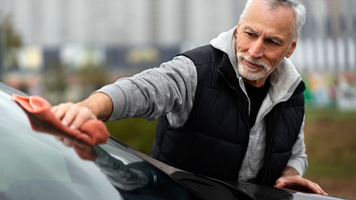 Car detailing. Caucasian senior white-bearded man in casual wear, using the microfiber cloth, polishes the car while washing it by hand in the self-service car.