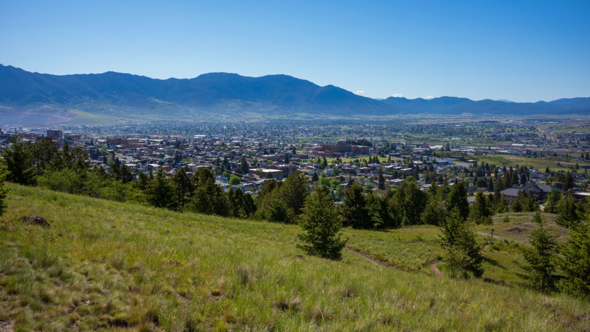 Butte, Montana, seen here on a clear, summer day from Big Butte Open Space Recreation Area, was established in 1864 as a mining camp in the northern Rocky Mountains on the Continental Divide.