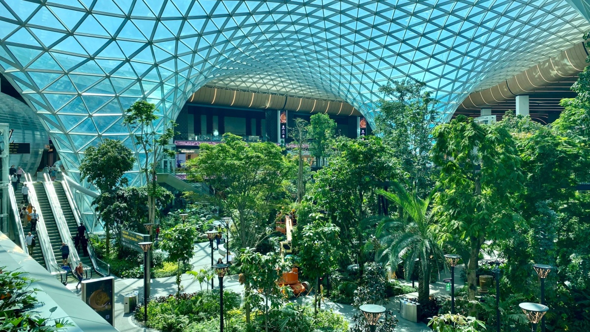 Garden with tropical plants inside Hamad International Airport in Doha, Qatar