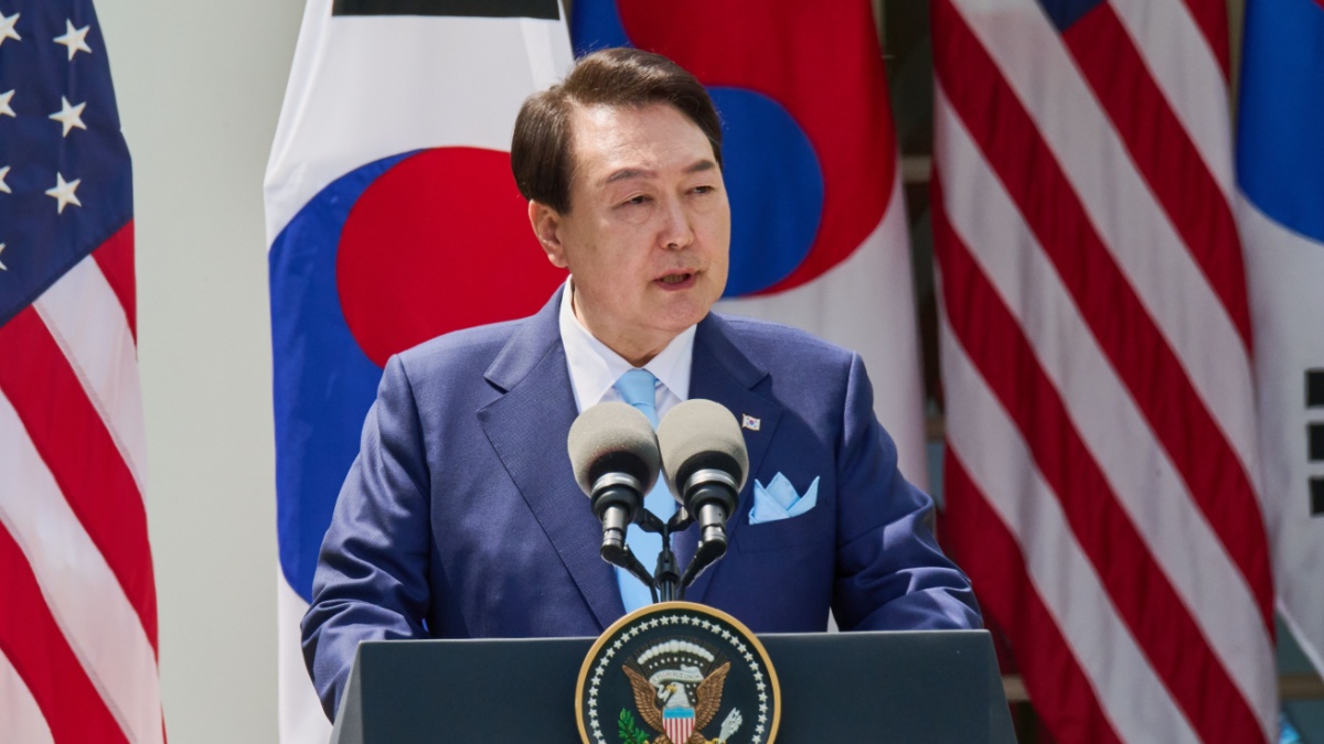 President Yoon Suk Yeol of the Republic of Korea in the Rose Garden of the White House.