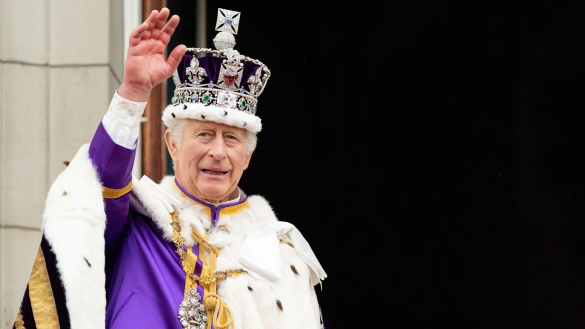 King Charles III on the balcony of Buckingham Palace following the Coronation at Westminster Abbey on May 6, 2023 in London, England.