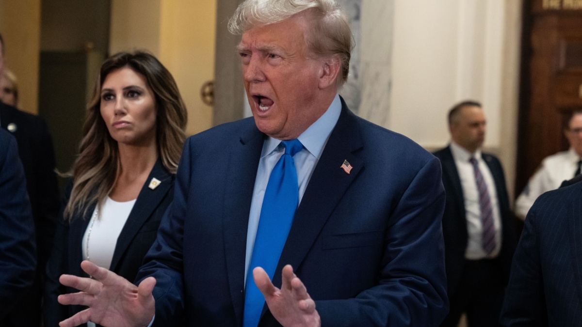 Former President Donald Trump speaks to press before the start of civil fraud trial brought by NYS Attorney General Letitia James at NYS court in New York on October 2, 2023