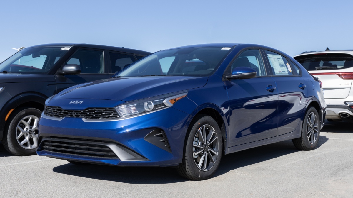 Kia Forte display at a dealership. Kia offers the Forte in LX, LXS, GT and GT-Line models.