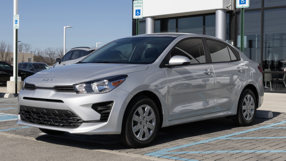 Kia Rio LX display at a dealership. Kia offers the Rio in sedan or hatchback models. MY:2023