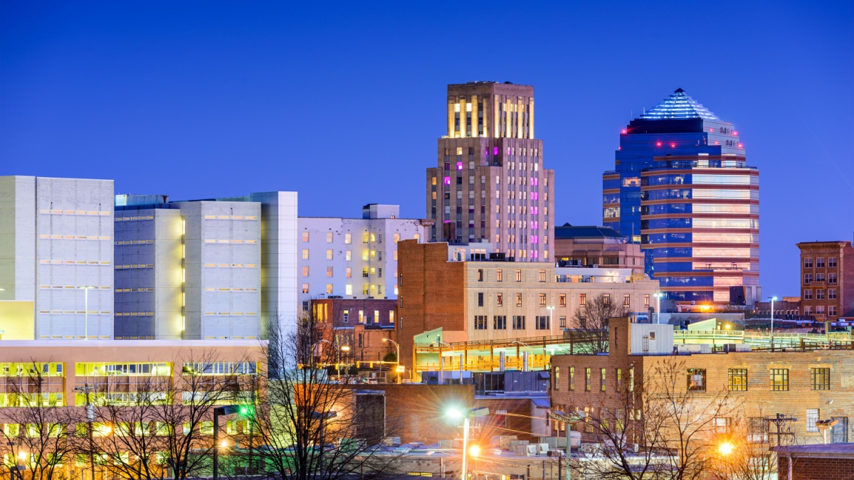 Durham, North Carolina, USA downtown city skyline.