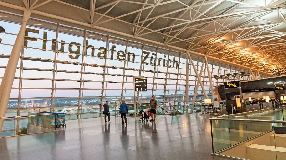 Airport Zurich (Flughafen Zurich) waiting area after check-in - view towards airfield