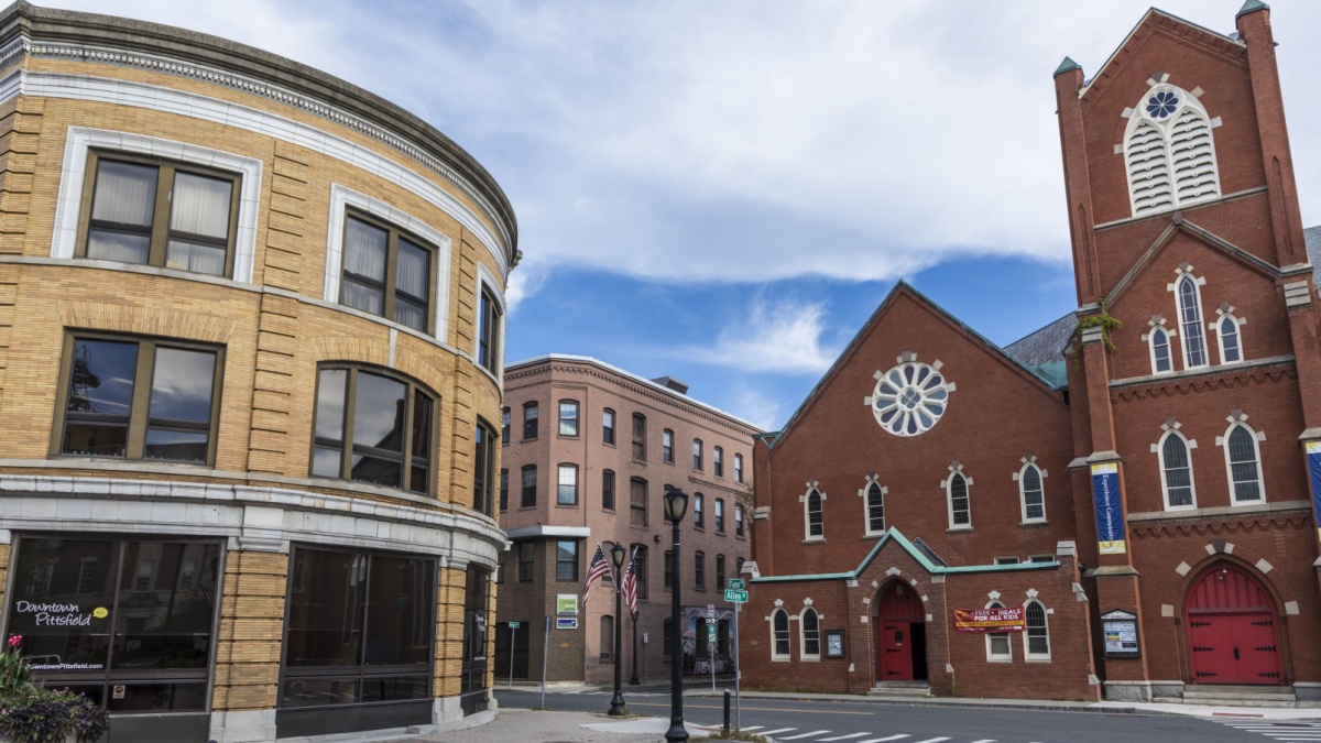 PITTSFIELD, MA USA - SEP 22, 2017: view of historic building and methodist church in Pittsfield.