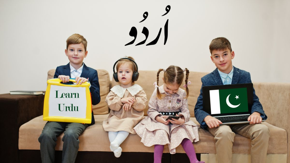 Four kids show inscription learn urdu. Foreign language learning concept. Pakistan flag.