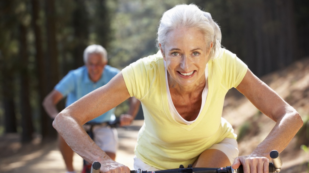 Senior couple on country bike ride.