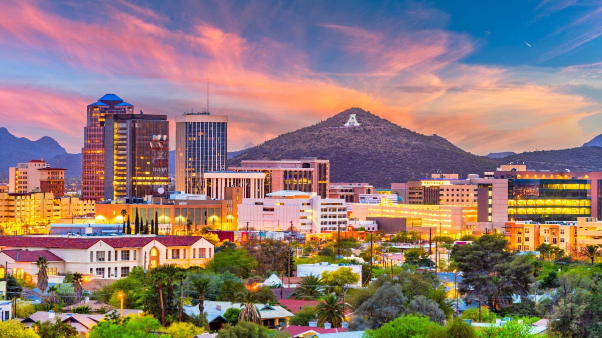 Tucson, Arizona, USA downtown skyline with Sentinel Peak at dusk. (Mountaintop