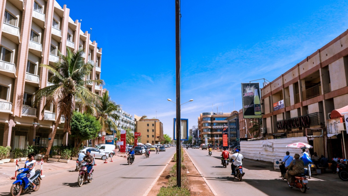 Burkina Faso, Ouagadougou - August 23, 2018: View to the Road, Cappuccino restaurant and the Splendid Hotel in the heart of City Center