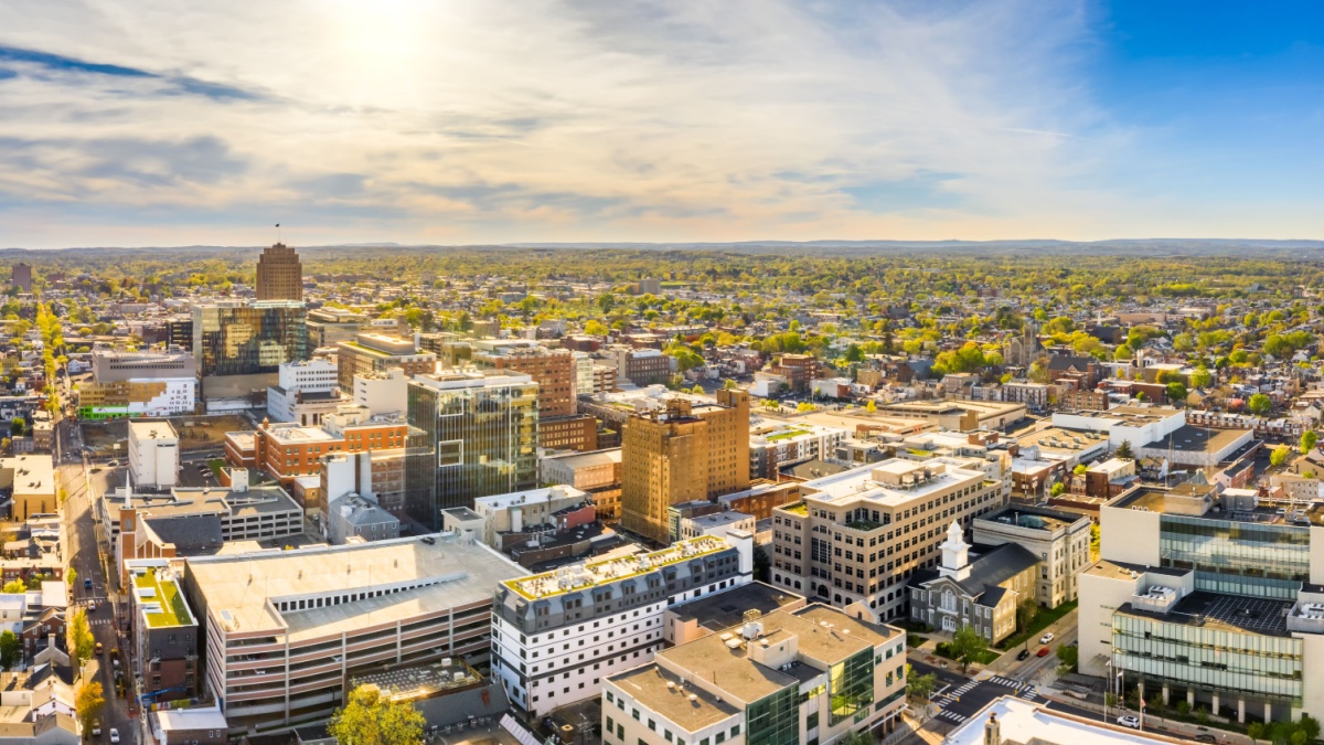 Aerial panorama of Allentown, Pennsylvania skyline on late sunny afternoon. Allentown is Pennsylvania's third most populous city.