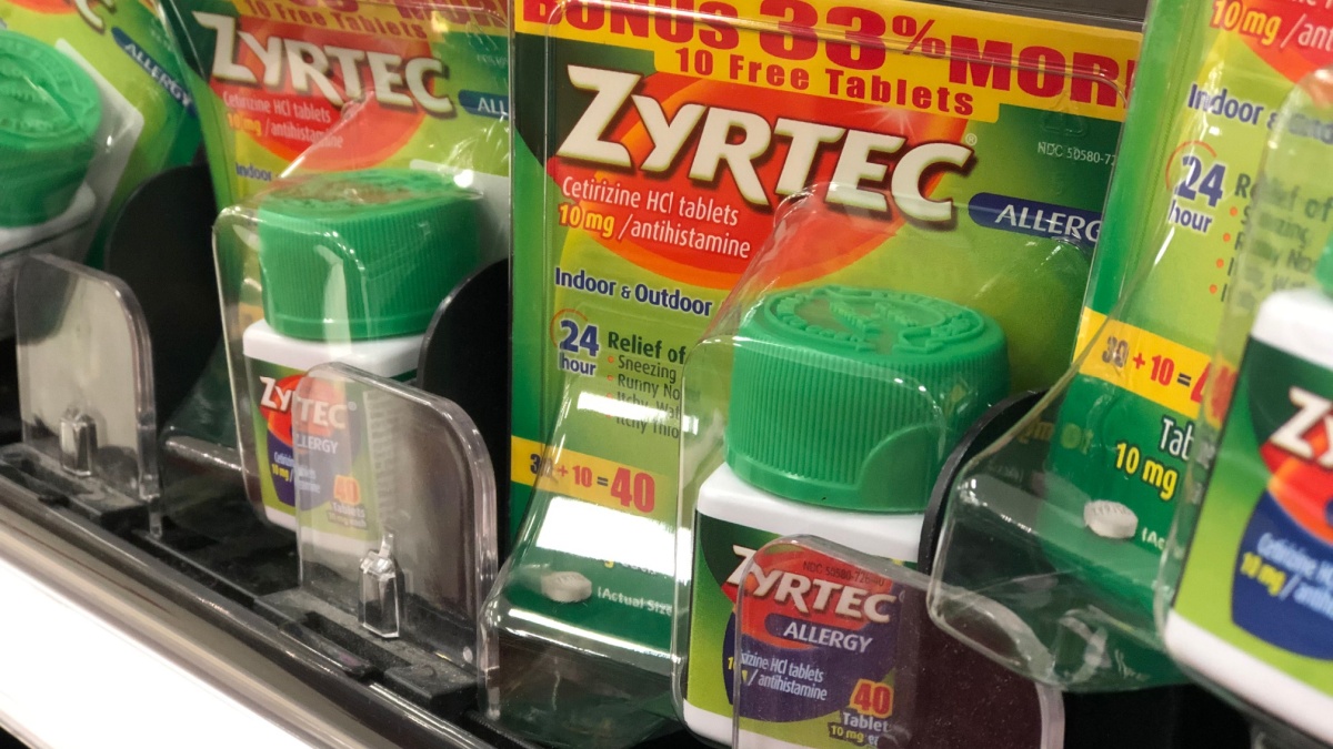 Bottles of Zyrtec tablets for sale in a local Target Store in Asheville, North Carolina.