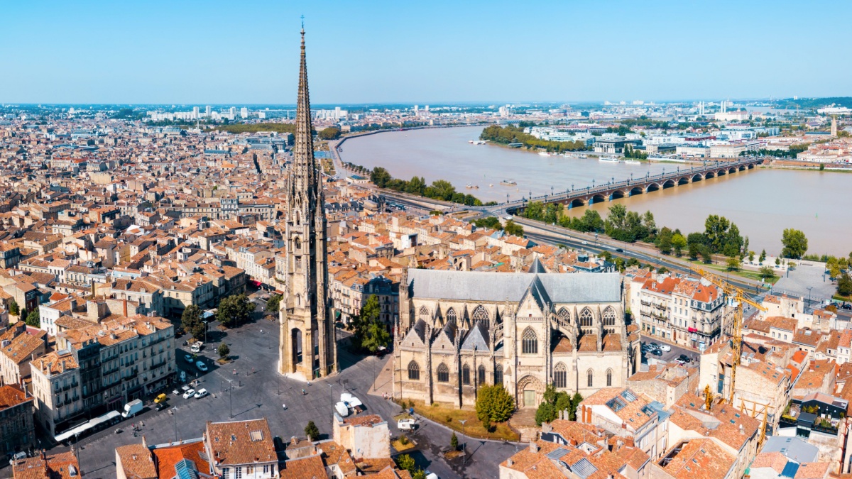 Bordeaux aerial panoramic view. Bordeaux is a port city on the Garonne river in Southwestern France