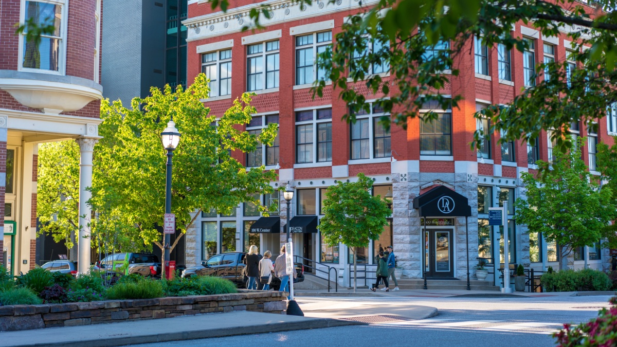 Fayetteville, Arkansas / USA - May 04 2019: Building Facade view, historical square downtown Fayetteville, Northwest Arkansas