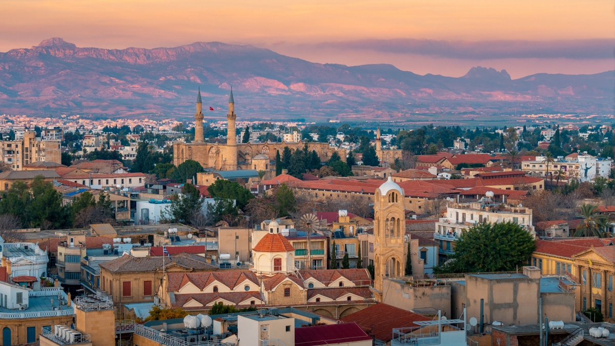 Beautiful aerial view over old town of Nicosia, Northern Cyprus and Selimiye Mosque in Cyprus