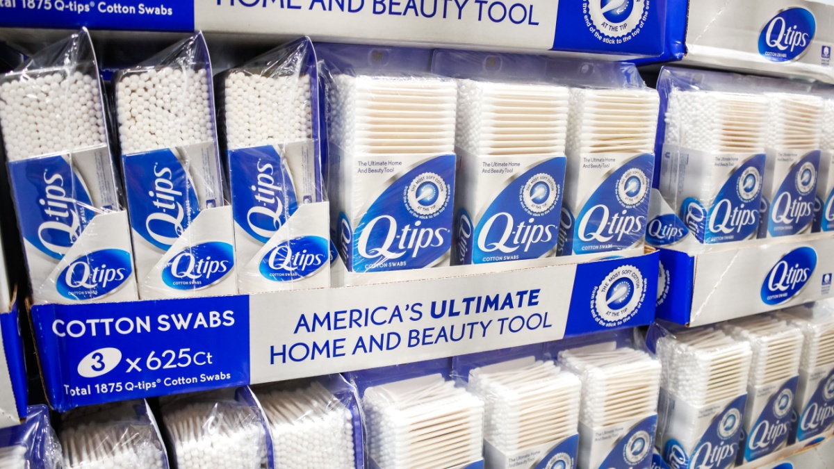 A view of several packs of Q-Tips on display at a local big box grocery store.