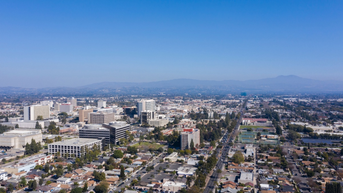 Aerial view of the Santa Ana, California skyline on a gorgeous day.