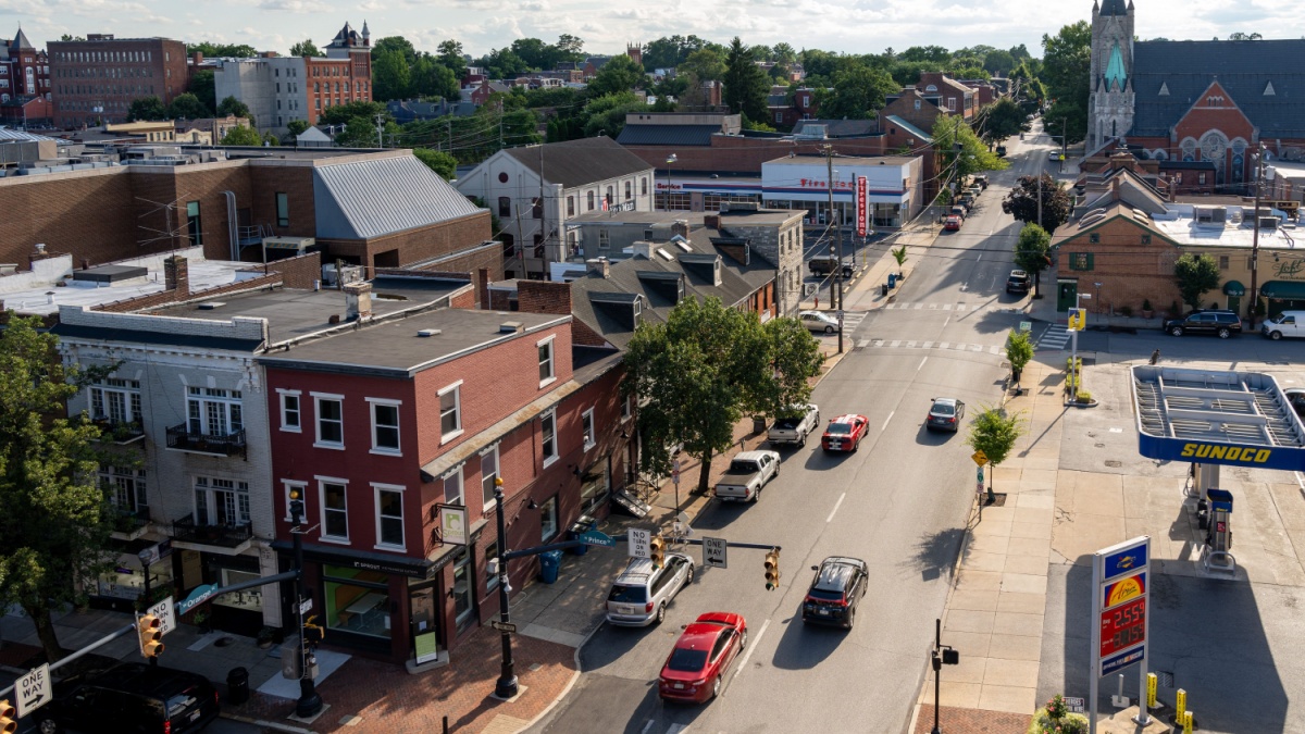 Lancaster, Pennsylvania - June 11, 2020: A high angle view of the city streets of Lancaster City in Pennsylvania.