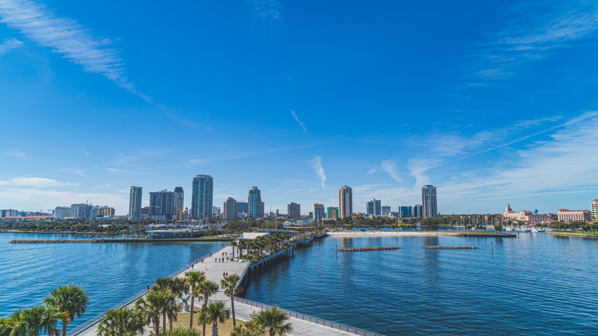 High angle view of St. Petersburg, Florida looking west from pier against blue sky.