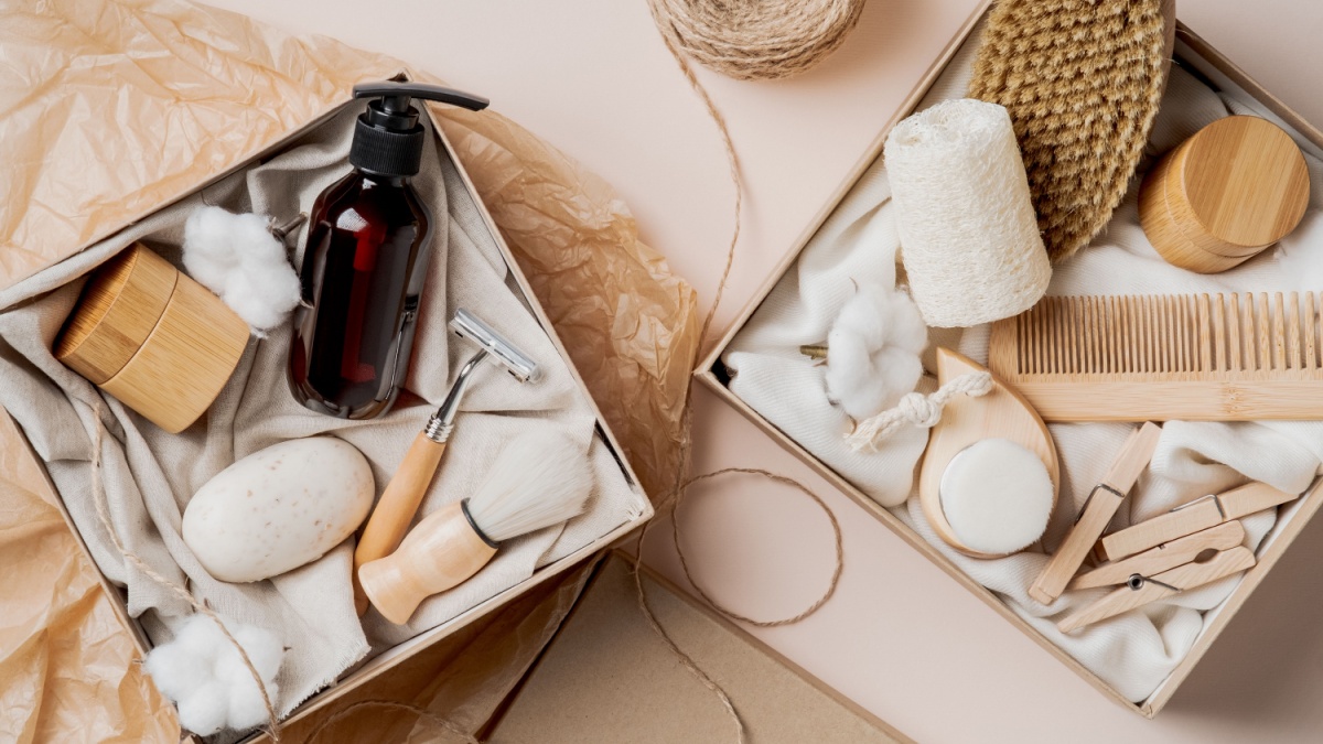 Beauty boxes with natural organic cosmetics. SPA, body care, haircare concept. Zero waste, eco-friendly packaging.