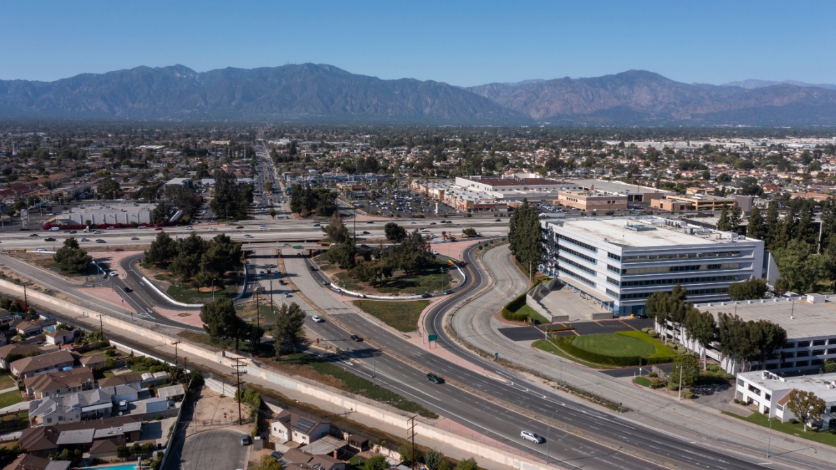 Daytime aerial view of the downtown area of El Monte, California, USA.