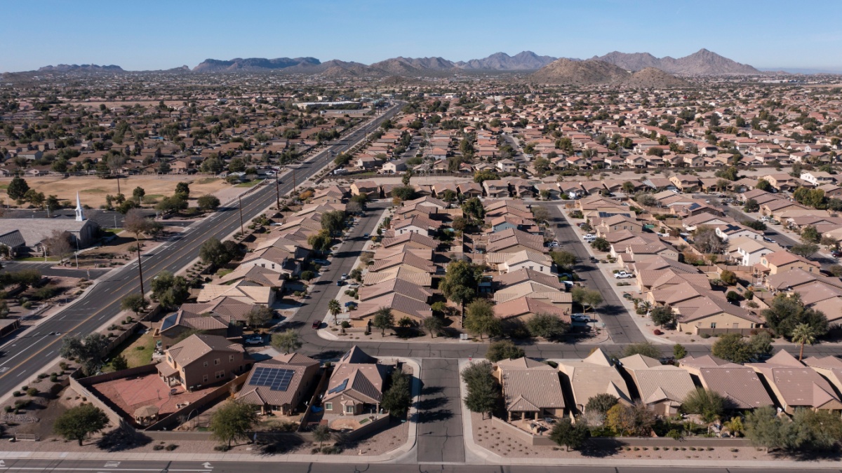 Daytime aerial view of the city of San Tan Valley, Arizona, USA.