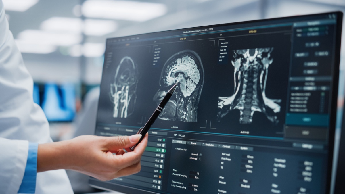 Medical Hospital: Neurologist and Neurosurgeon Talk, Use Computer, Analyse Patient MRI Scan, Diagnose Brain. Brain Surgery Health Clinic Lab: Two Professional Physicians Look at CT Scan.