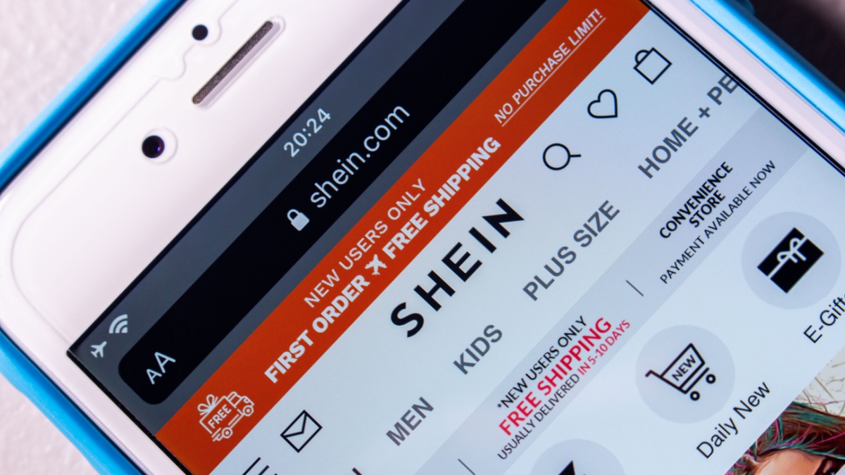 he website of Shein, a Chinese fast fashion online fast fashion retailer, on an iPhone screen.