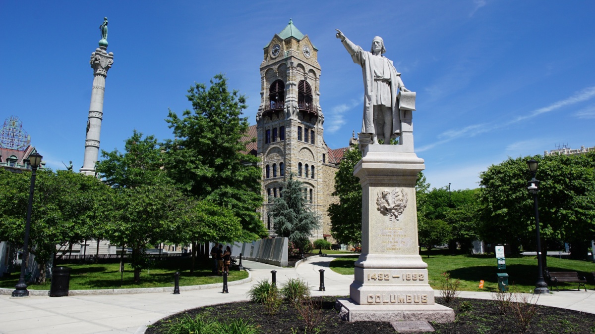 Scranton, Pennsylvania, USA - June 5, 2022: Statue of Christopher Columbus in front of the Lackawanna County Courthouse