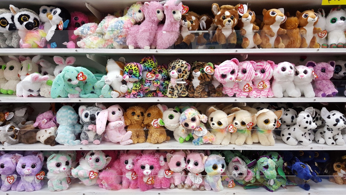Selective focus view of Ty Beanie Babies at local toy store. It is a line of stuffed toys created by American businessman H. Ty Warner
