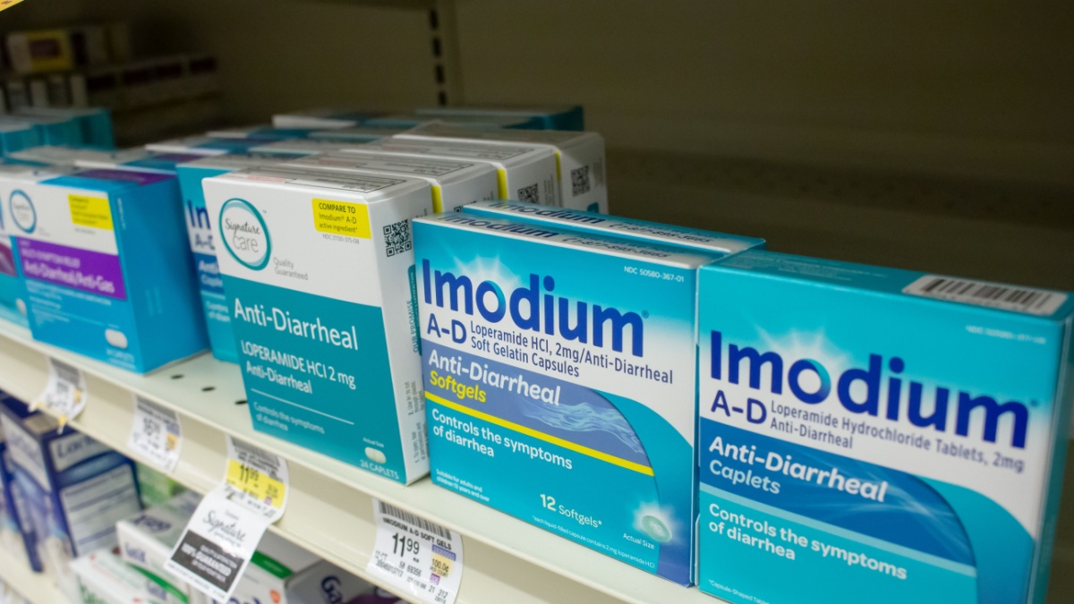 A view of several packages of Imodium A-D anti-diarrheal medicine, on display at a local grocery store.