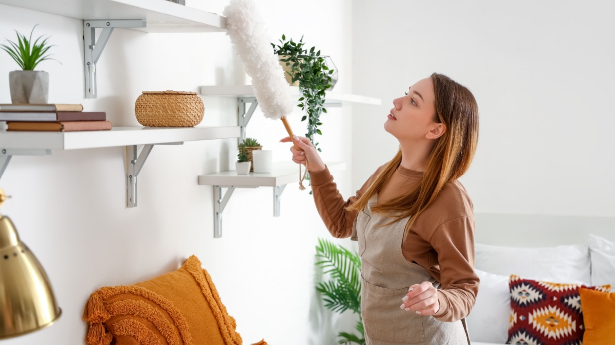 6 Benefits of Doing a Social Media Detox 4 Young woman cleaning shelf with pp-duster in bedroom