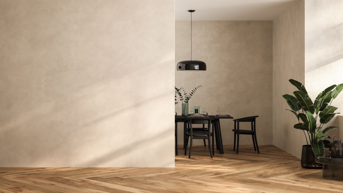 Modern interior design of apartment, dining room with table and chairs, empty living room with beige wall, panorama.