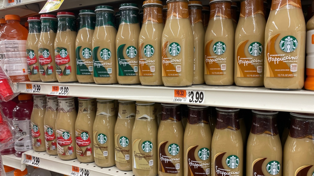 Starbucks bottled coffee drinks line the shelves at super market grocery store Stop and Shop.