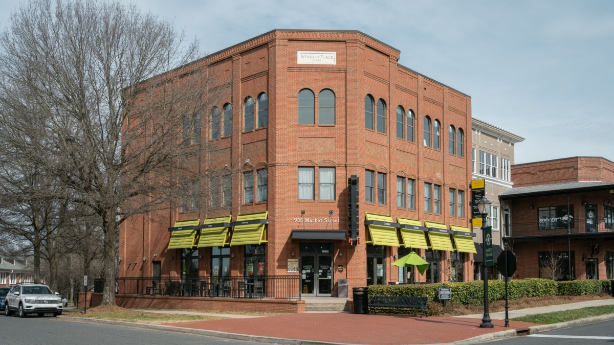 Fort Mill, South Carolina, United States - 18 Feb 2024: Market Place building that houses McAlister's Deli on Market street in Baxter Village.