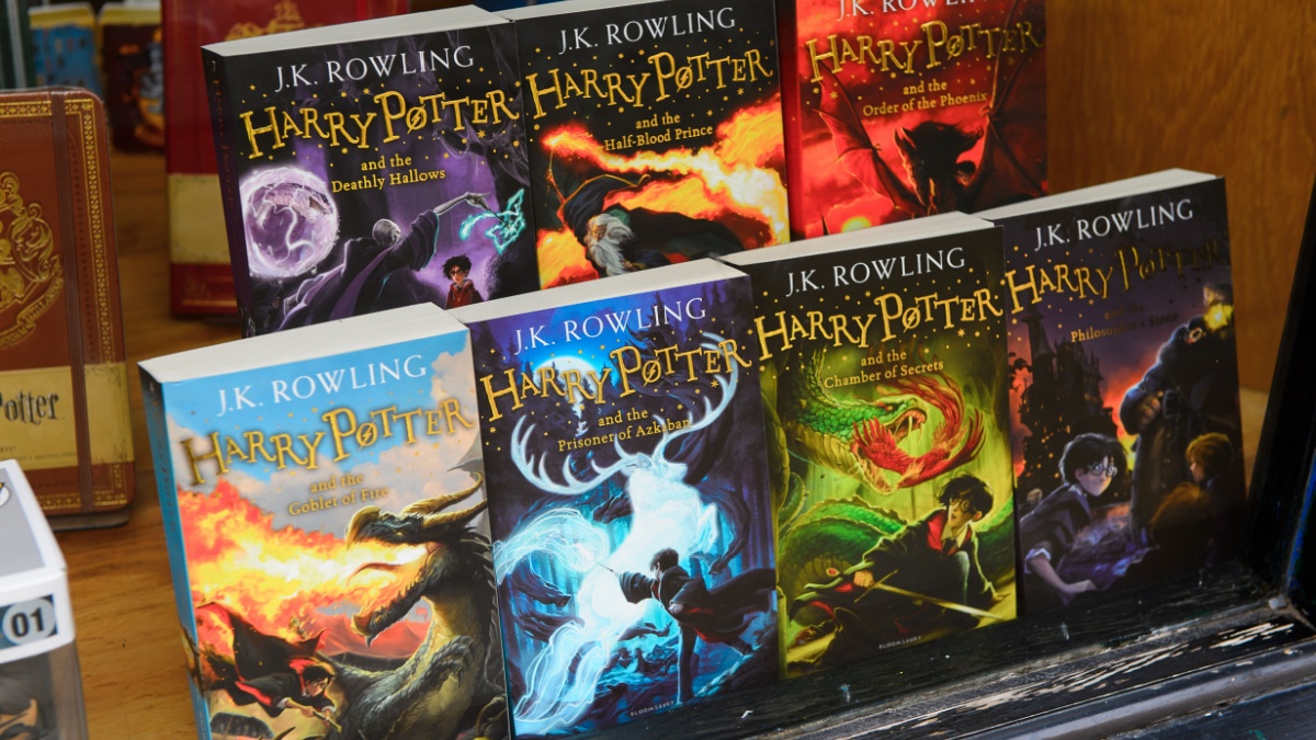 Books about Harry Potter in a shop in Windsor. Harry Potter is fictional character created by Joanne K Rowling