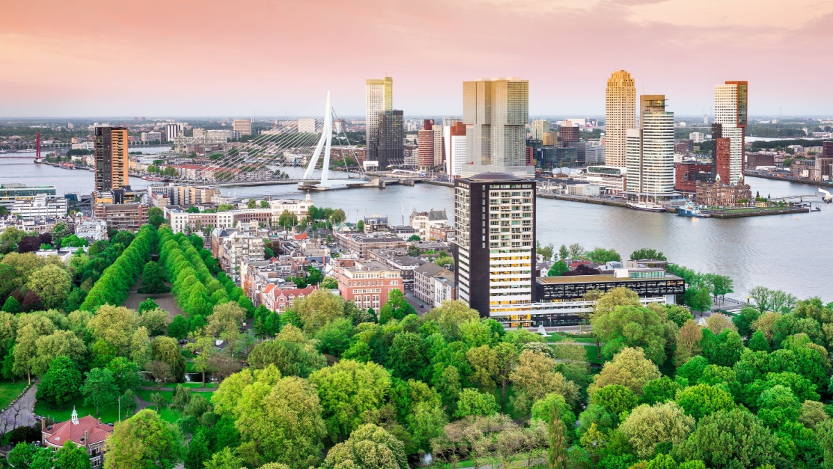 Rotterdam skyline with Erasmus bridge at sunset as seen from the Euromast tower, The Netherlands