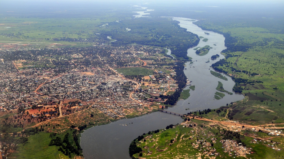 Aerial of Juba, the capital of South Sudan, with river Nile on the right