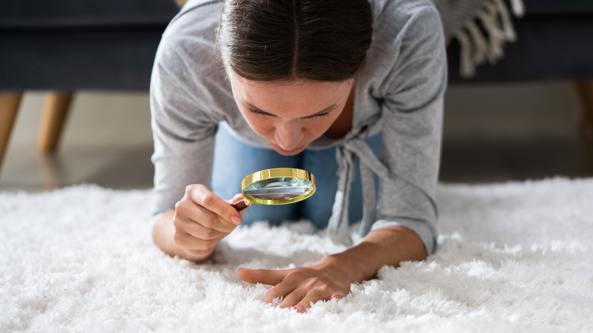 Young Female Looking At Carpet With Magnifying Glass.