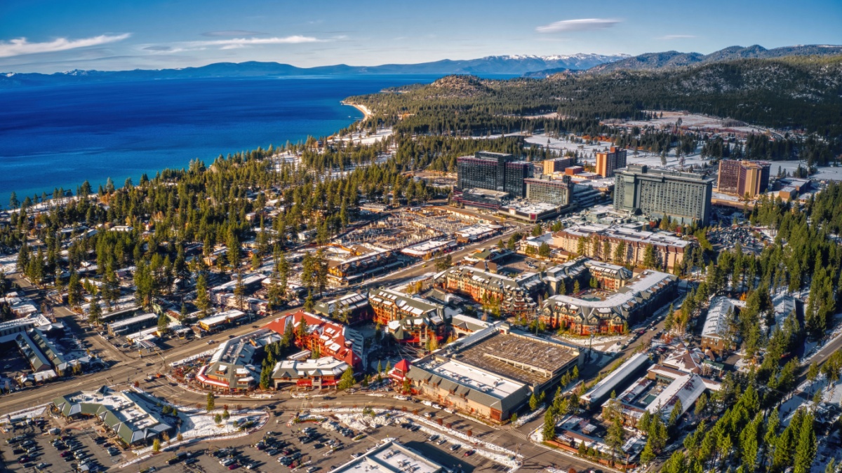 Aerial View of South Lake Tahoe which is on the California Nevada Stateline