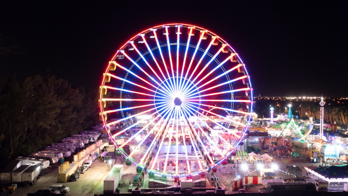 Hialeah, Florida United States of America December 22, 2021: An aerial view of the Christmas lights and carnival at Santa's Enchanted Forest, with a parking lot full of cars of the attendees.
