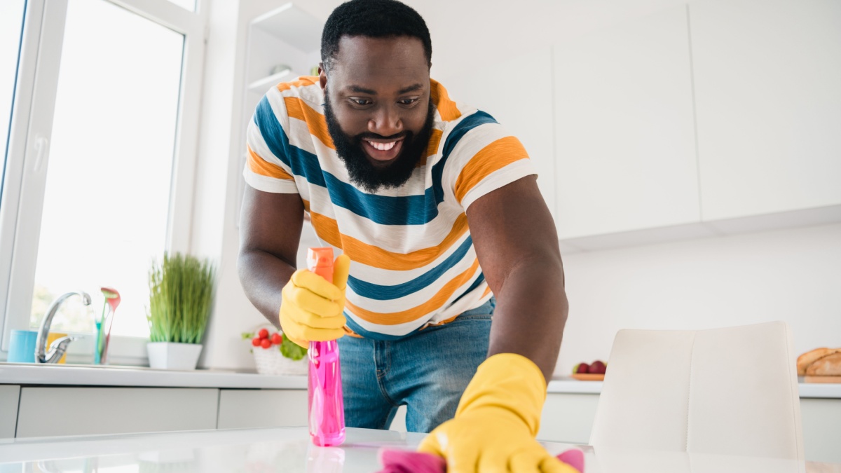 Portrait of positive cheerful person hold spray bottle washing rub furniture kitchen room house indoors.